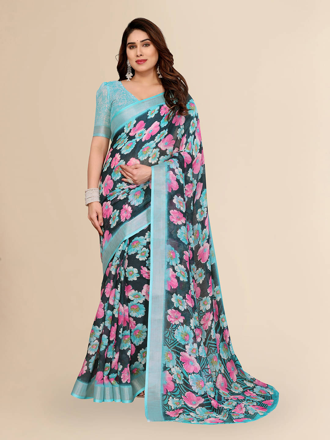     			Kashvi Sarees Linen Printed Ilkal Saree With Unstitched Blouse Piece ( GREEN )