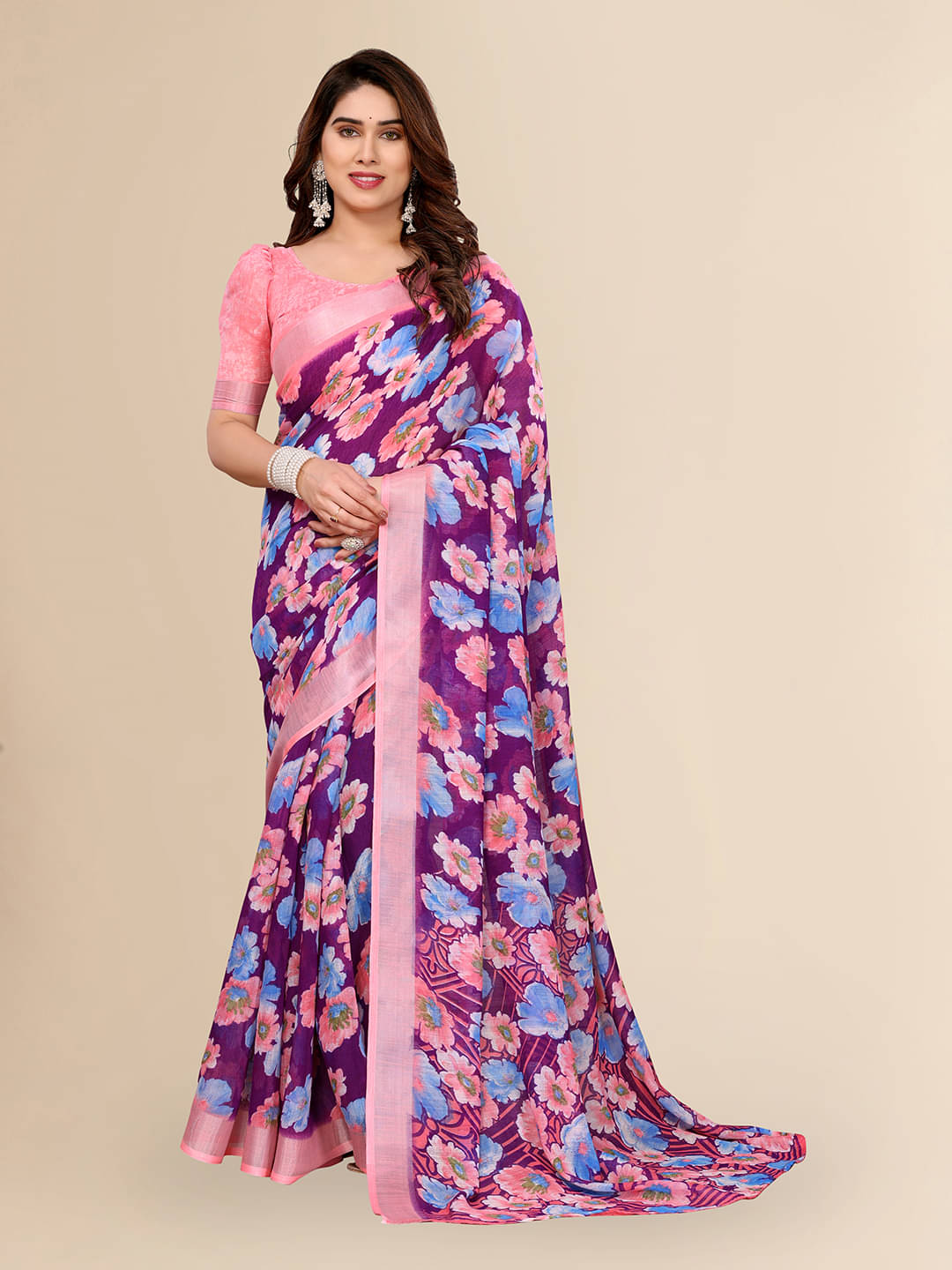     			Kashvi Sarees Linen Printed Ilkal Saree With Unstitched Blouse Piece ( PURPLE )