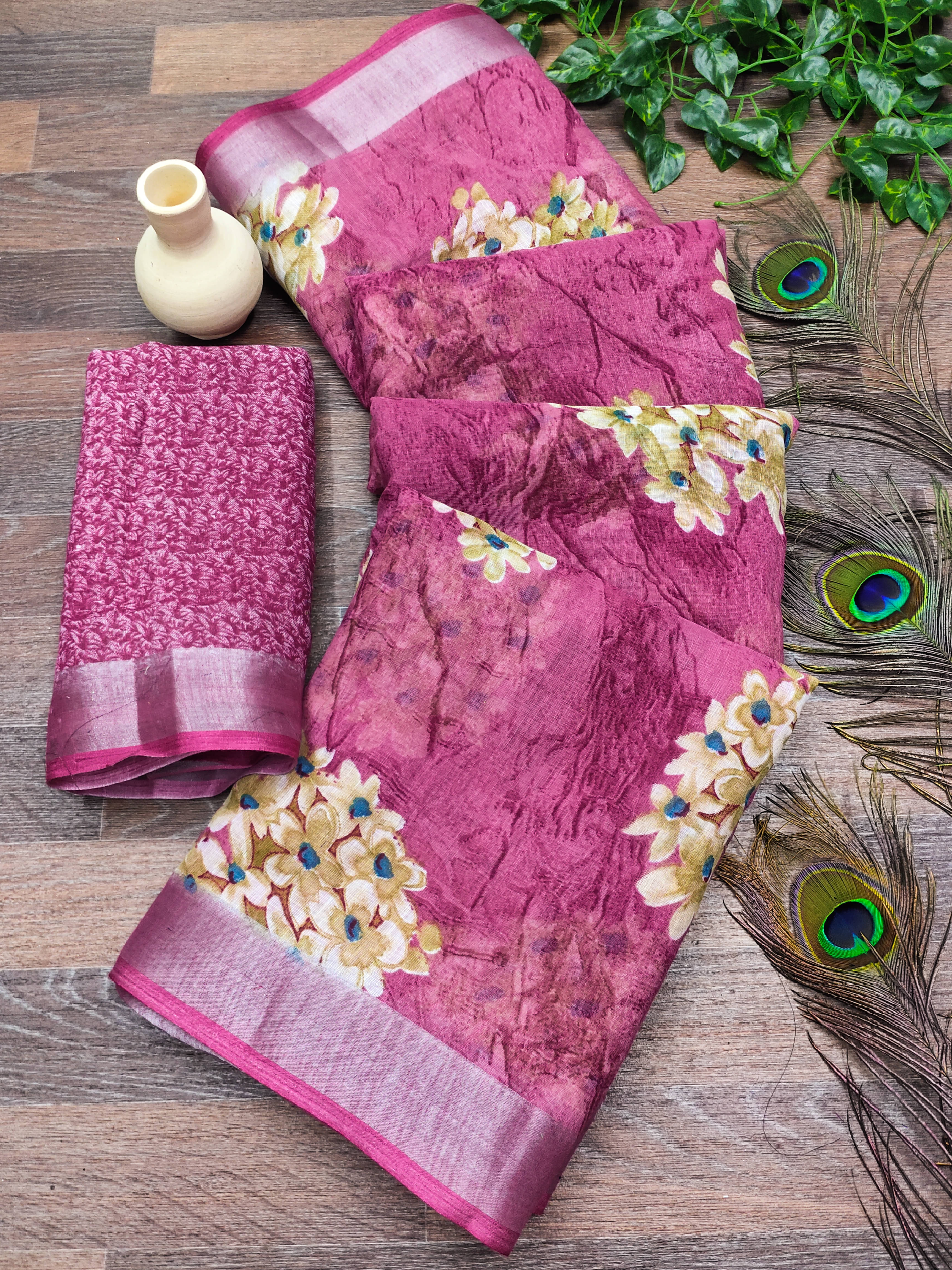     			Kashvi Sarees Linen Printed Ilkal Saree With Unstitched Blouse Piece ( PINK )