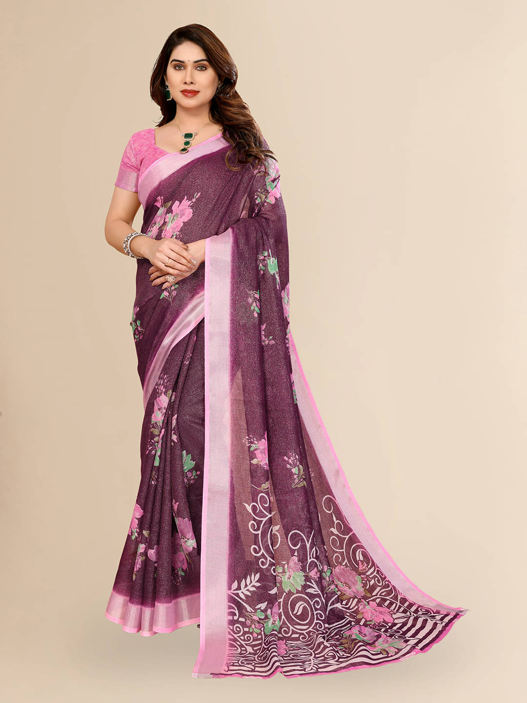     			Kashvi Sarees Linen Printed Ilkal Saree With Unstitched Blouse Piece ( WINE )