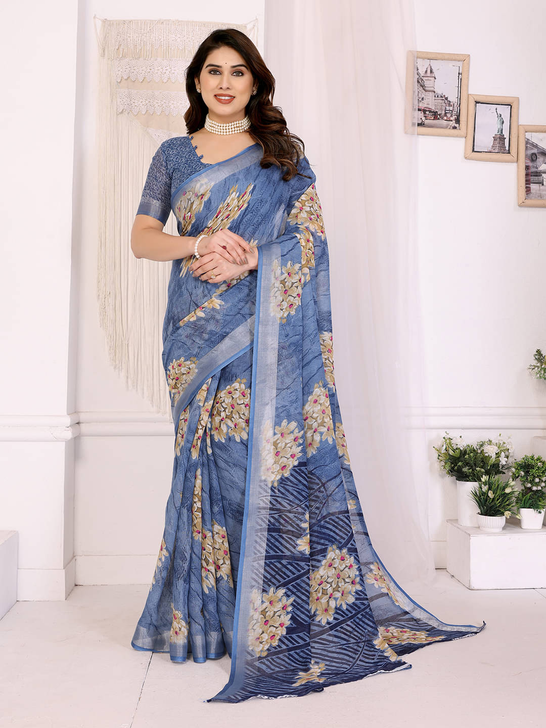     			Kashvi Sarees Linen Printed Ilkal Saree With Unstitched Blouse Piece ( BLUE )