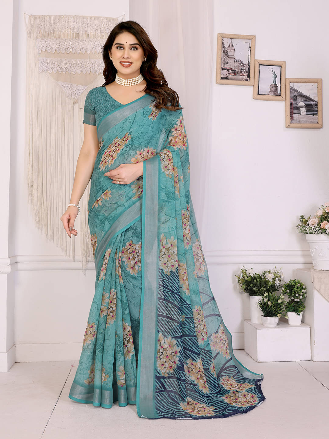 Kashvi Sarees Linen Printed Ilkal Saree With Unstitched Blouse Piece ( RAMA )     			Kashvi Sarees Linen Printed Ilkal Saree With Unstitched Blouse Piece ( RAMA )