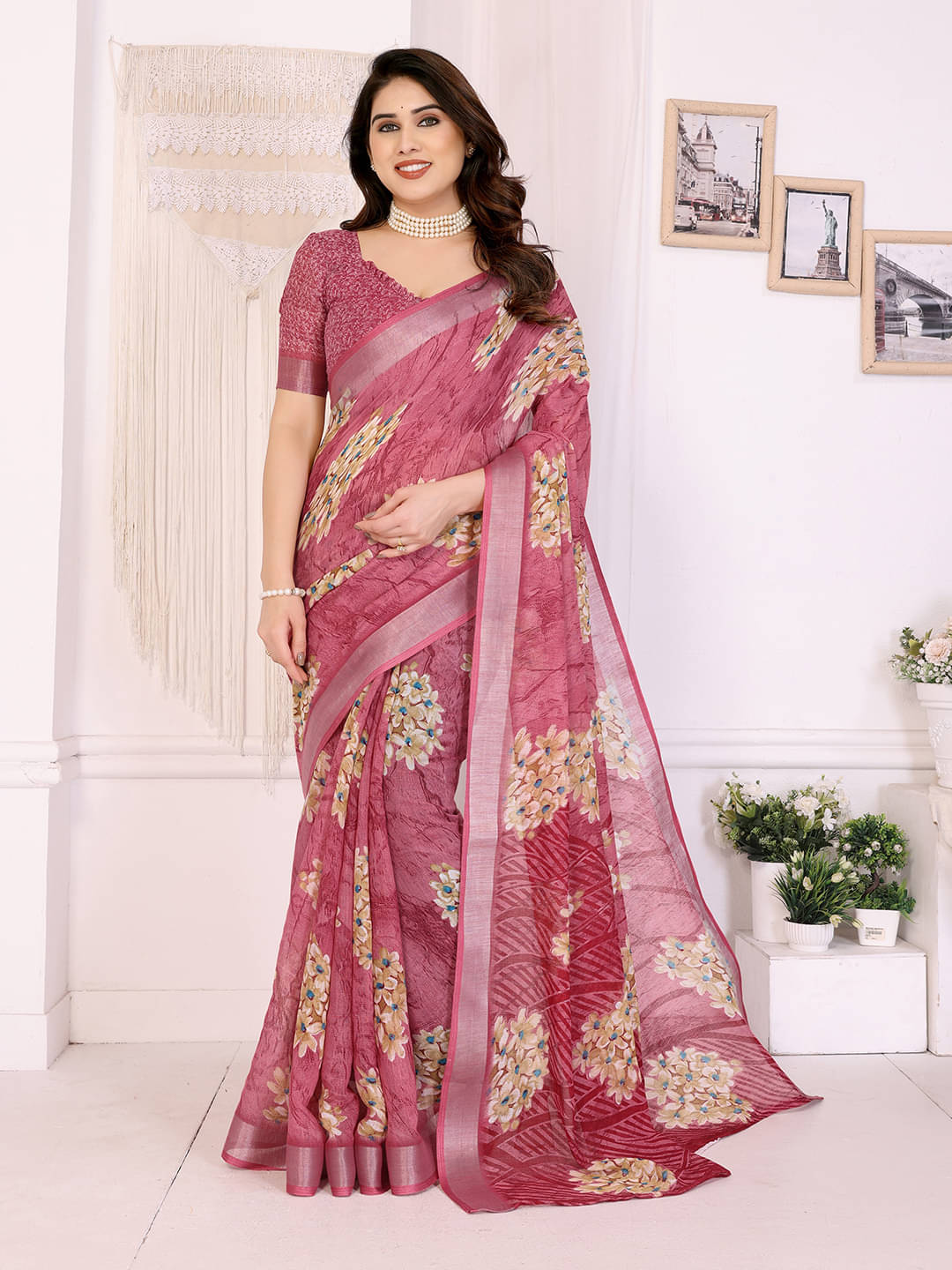     			Kashvi Sarees Linen Printed Ilkal Saree With Unstitched Blouse Piece ( PINK )