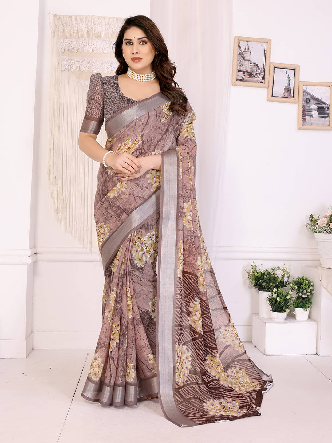 Kashvi Sarees Linen Printed Ilkal Saree With Unstitched Blouse Piece ( Coffee )     			Kashvi Sarees Linen Printed Ilkal Saree With Unstitched Blouse Piece ( Coffee )