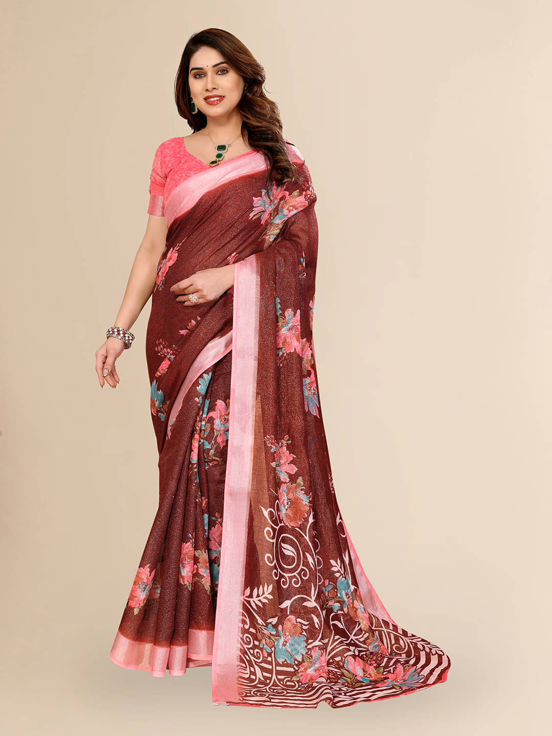     			Kashvi Sarees Linen Printed Ilkal Saree With Unstitched Blouse Piece ( BROWN )