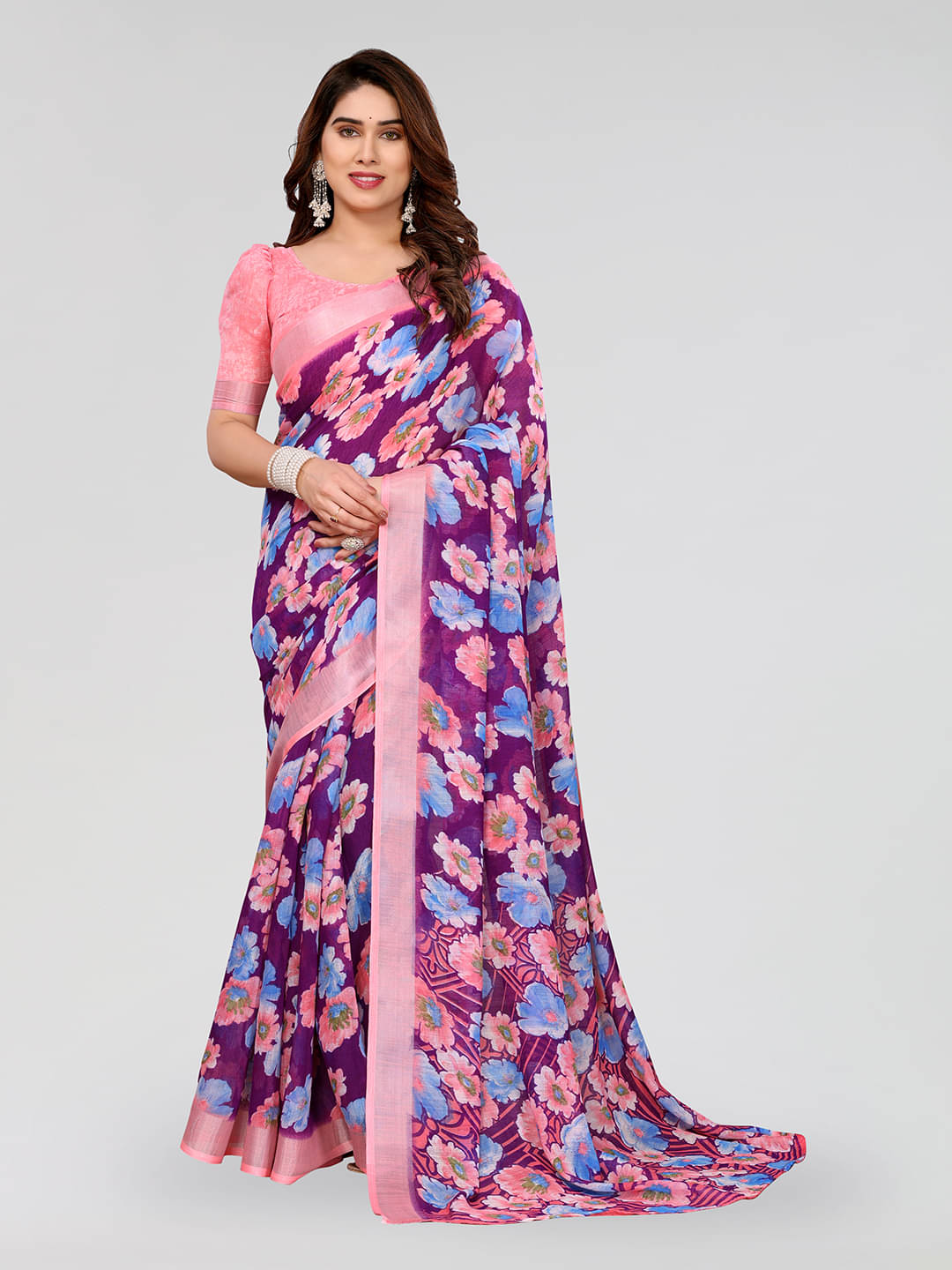     			Kashvi Sarees Linen Printed Ilkal Saree With Unstitched Blouse Piece ( PURPLE )