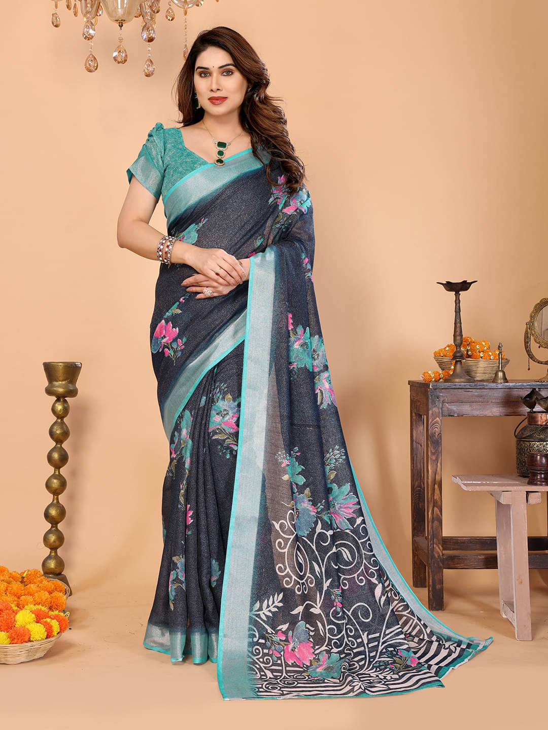 Kashvi Sarees Linen Printed Ilkal Saree With Unstitched Blouse Piece ( RAMA ) Kashvi Sarees Linen Printed Ilkal Saree With Unstitched Blouse Piece ( RAMA )