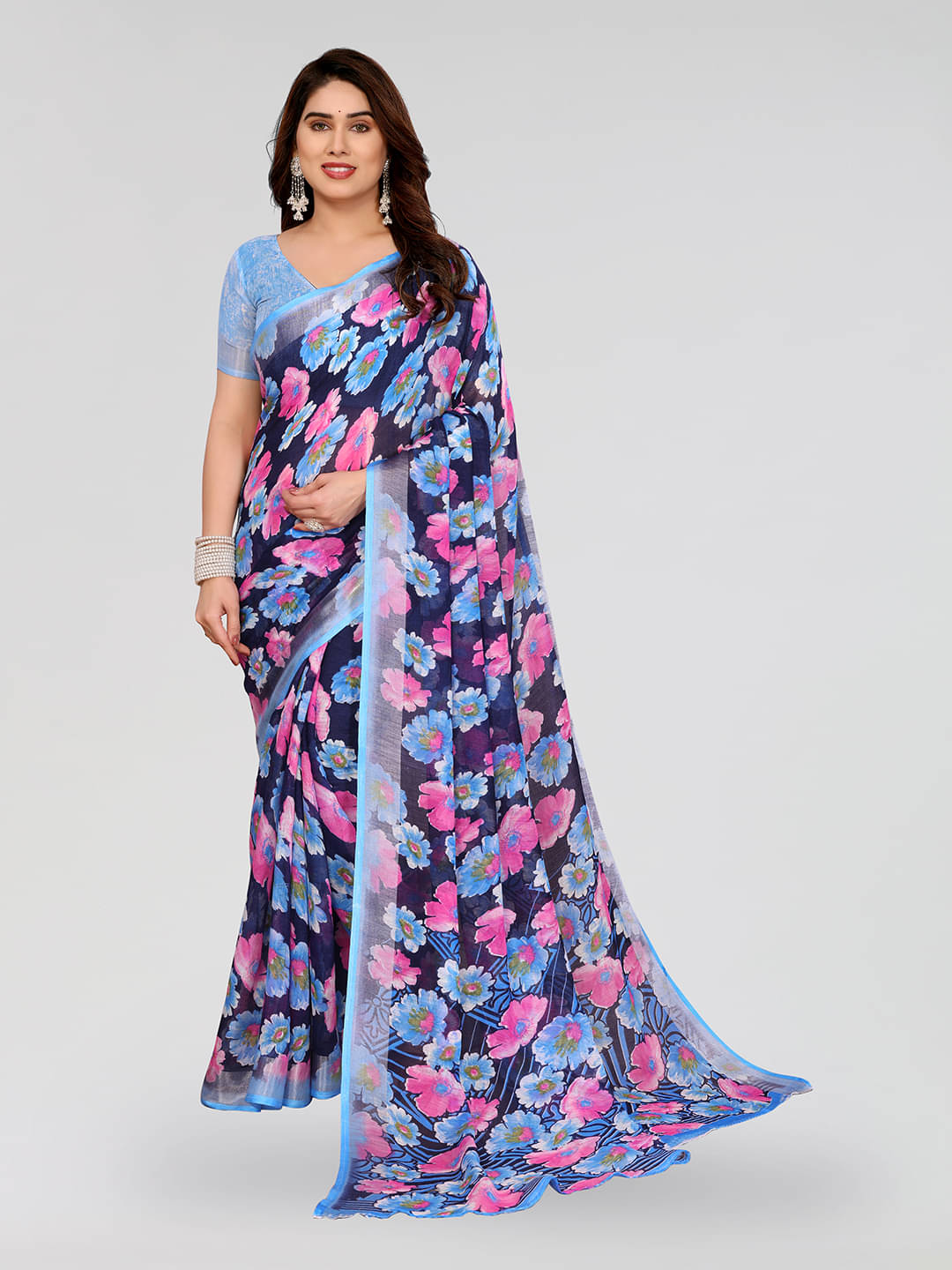     			Kashvi Sarees Linen Printed Ilkal Saree With Unstitched Blouse Piece ( BLUE )