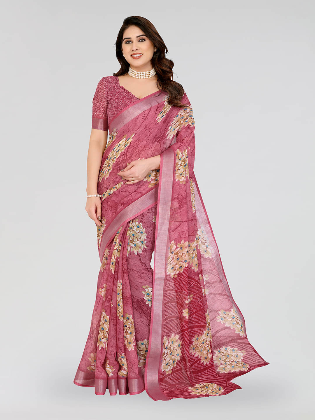     			Kashvi Sarees Linen Printed Ilkal Saree With Unstitched Blouse Piece ( PINK )