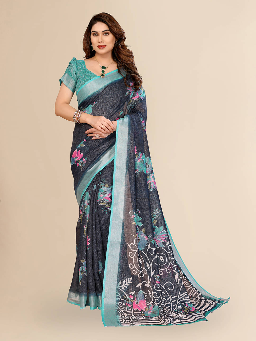 Kashvi Sarees Linen Printed Ilkal Saree With Unstitched Blouse Piece ( RAMA ) Kashvi Sarees Linen Printed Ilkal Saree With Unstitched Blouse Piece ( RAMA )