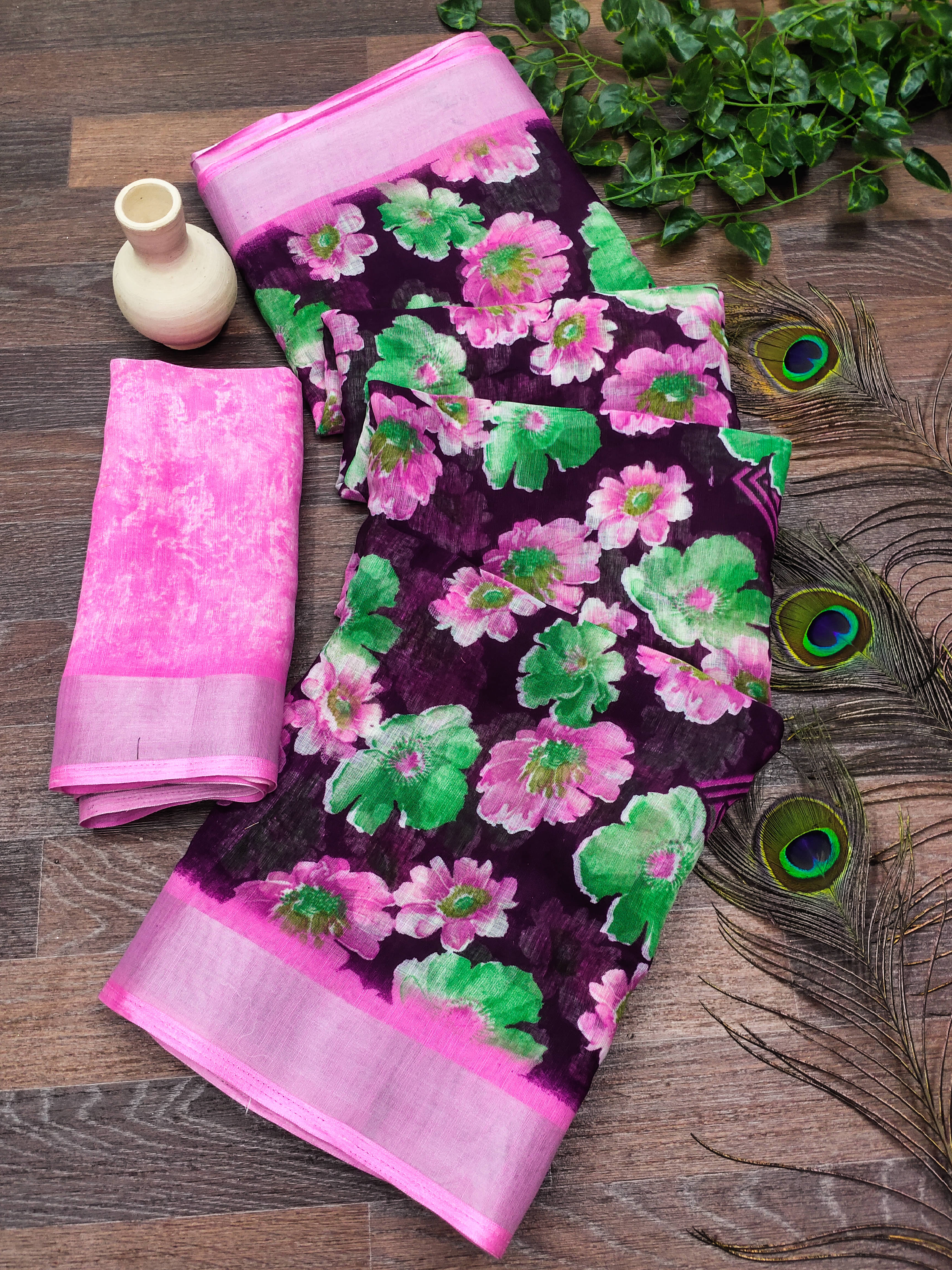     			Kashvi Sarees Linen Printed Ilkal Saree With Unstitched Blouse Piece ( WINE )