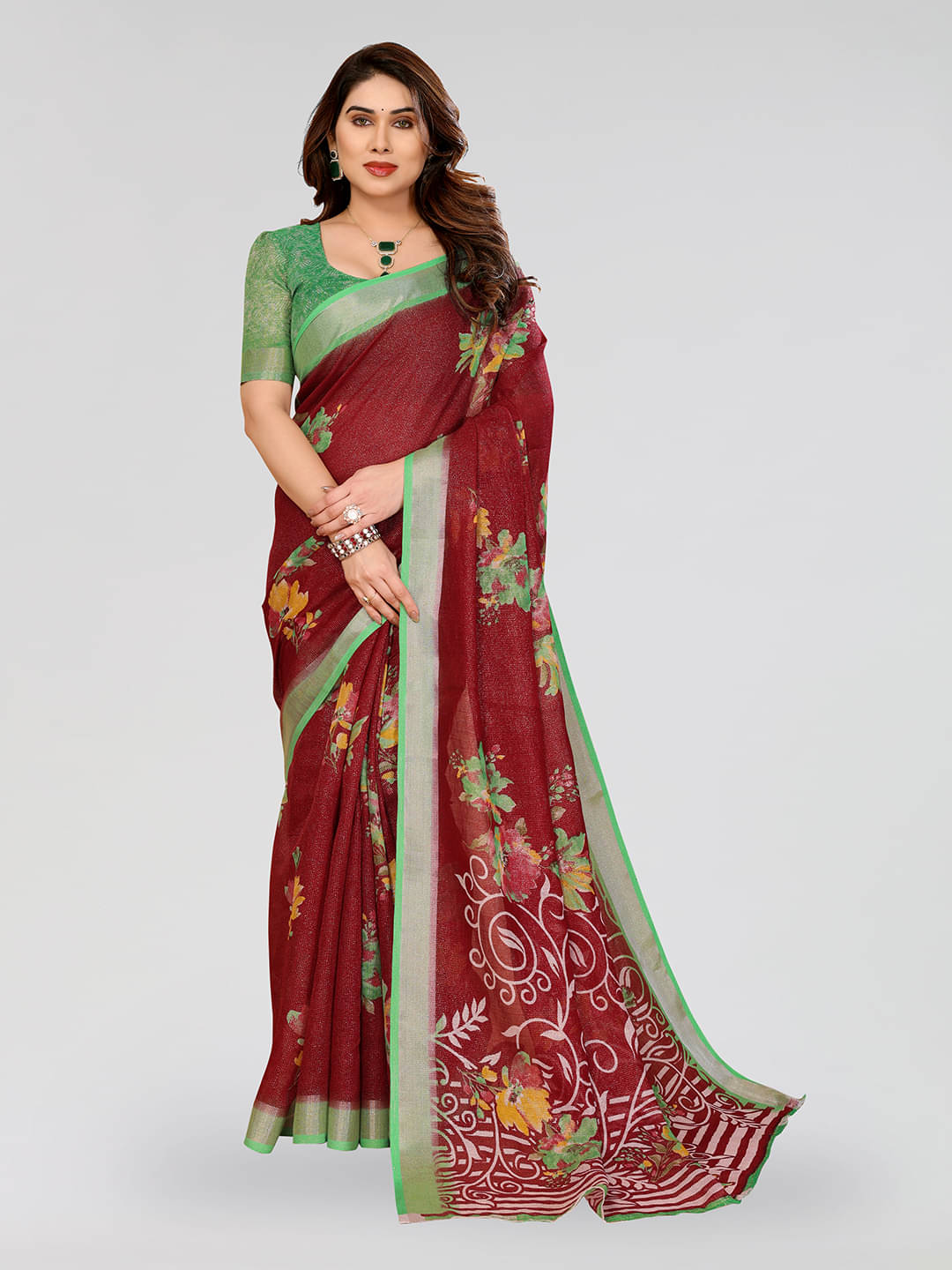     			Kashvi Sarees Linen Printed Ilkal Saree With Unstitched Blouse Piece ( Maroon )