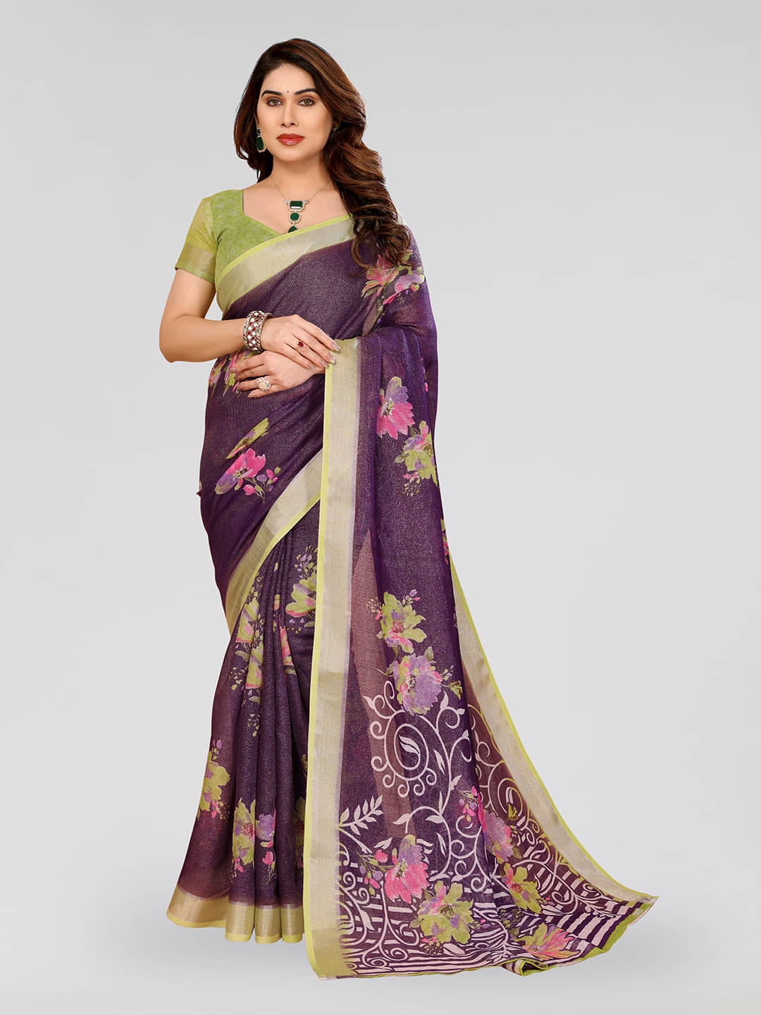     			Kashvi Sarees Linen Printed Ilkal Saree With Unstitched Blouse Piece ( PURPLE )