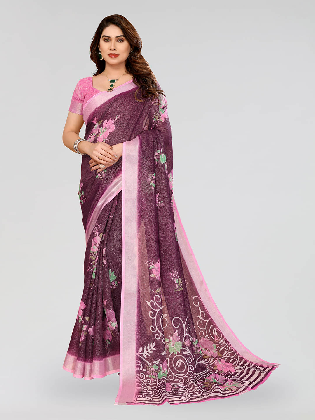 Kashvi Sarees Linen Printed Ilkal Saree With Unstitched Blouse Piece ( WINE ) Kashvi Sarees Linen Printed Ilkal Saree With Unstitched Blouse Piece ( WINE )