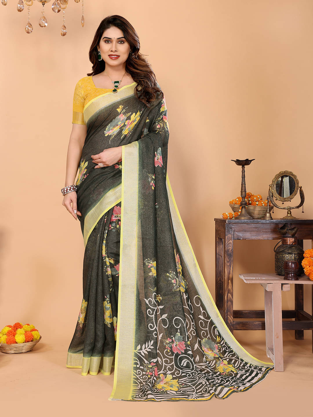     			Kashvi Sarees Linen Printed Ilkal Saree With Unstitched Blouse Piece ( GREEN )