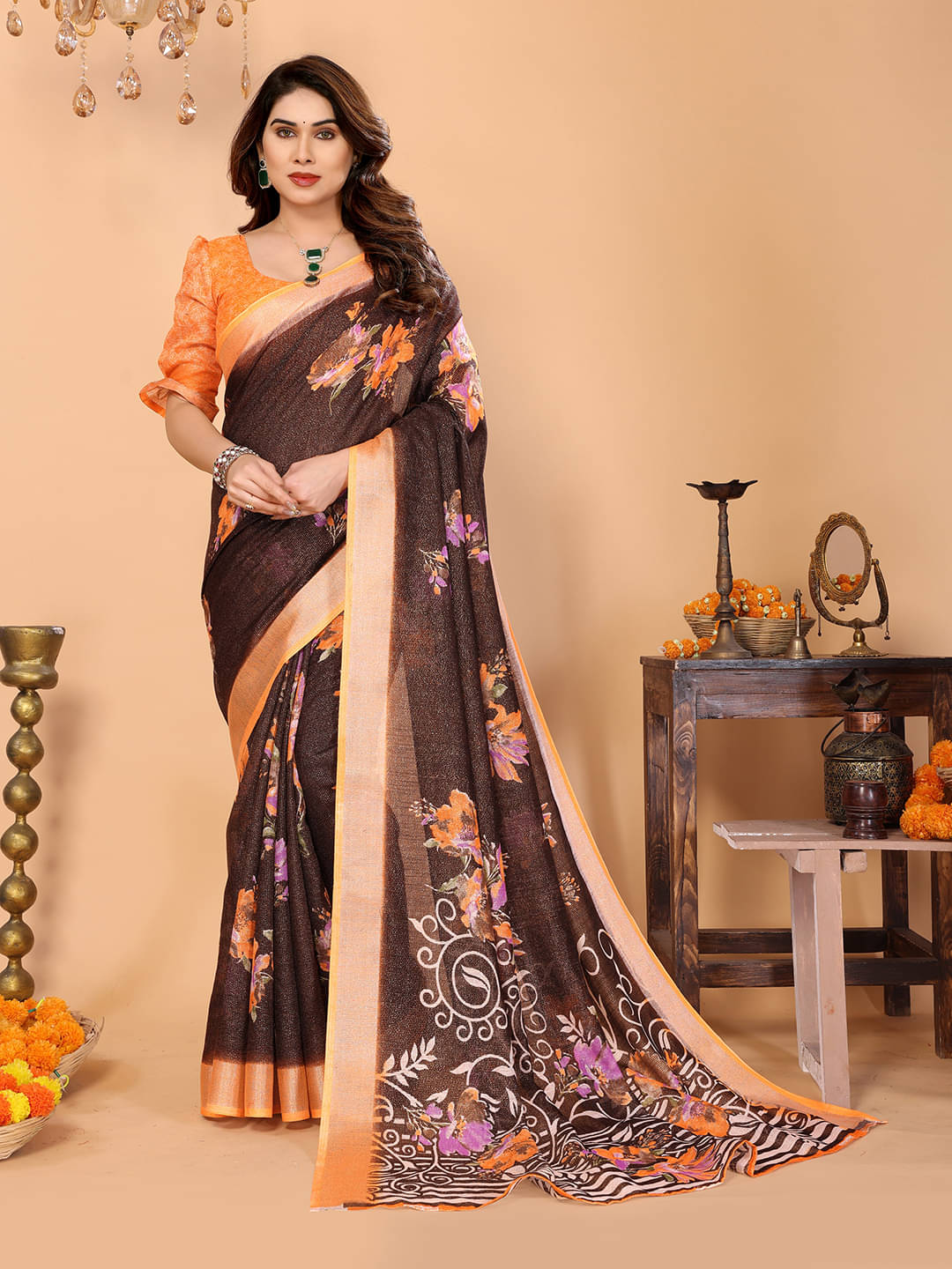     			Kashvi Sarees Linen Printed Ilkal Saree With Unstitched Blouse Piece ( Coffee )