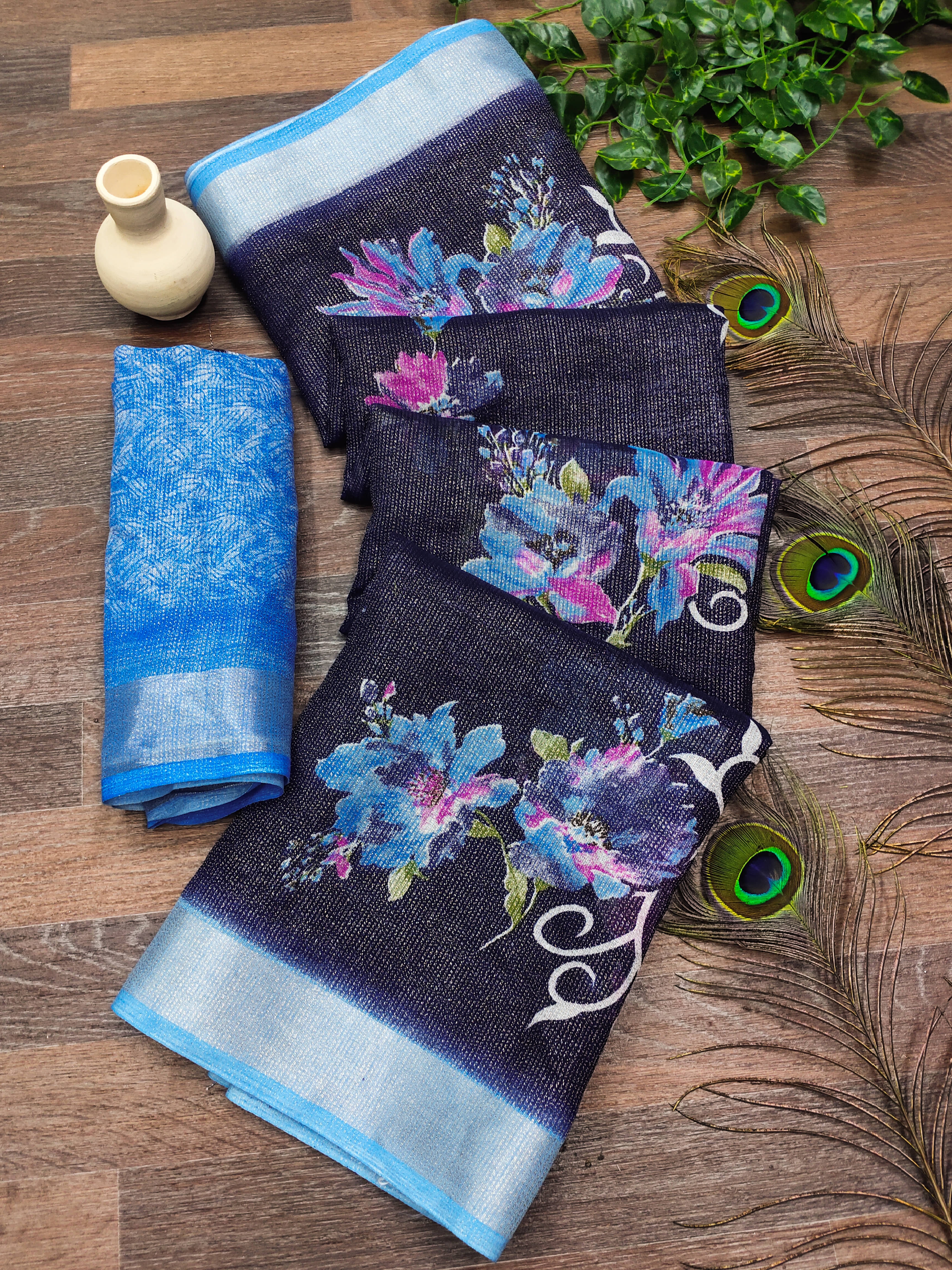    			Kashvi Sarees Linen Printed Ilkal Saree With Unstitched Blouse Piece ( BLUE )