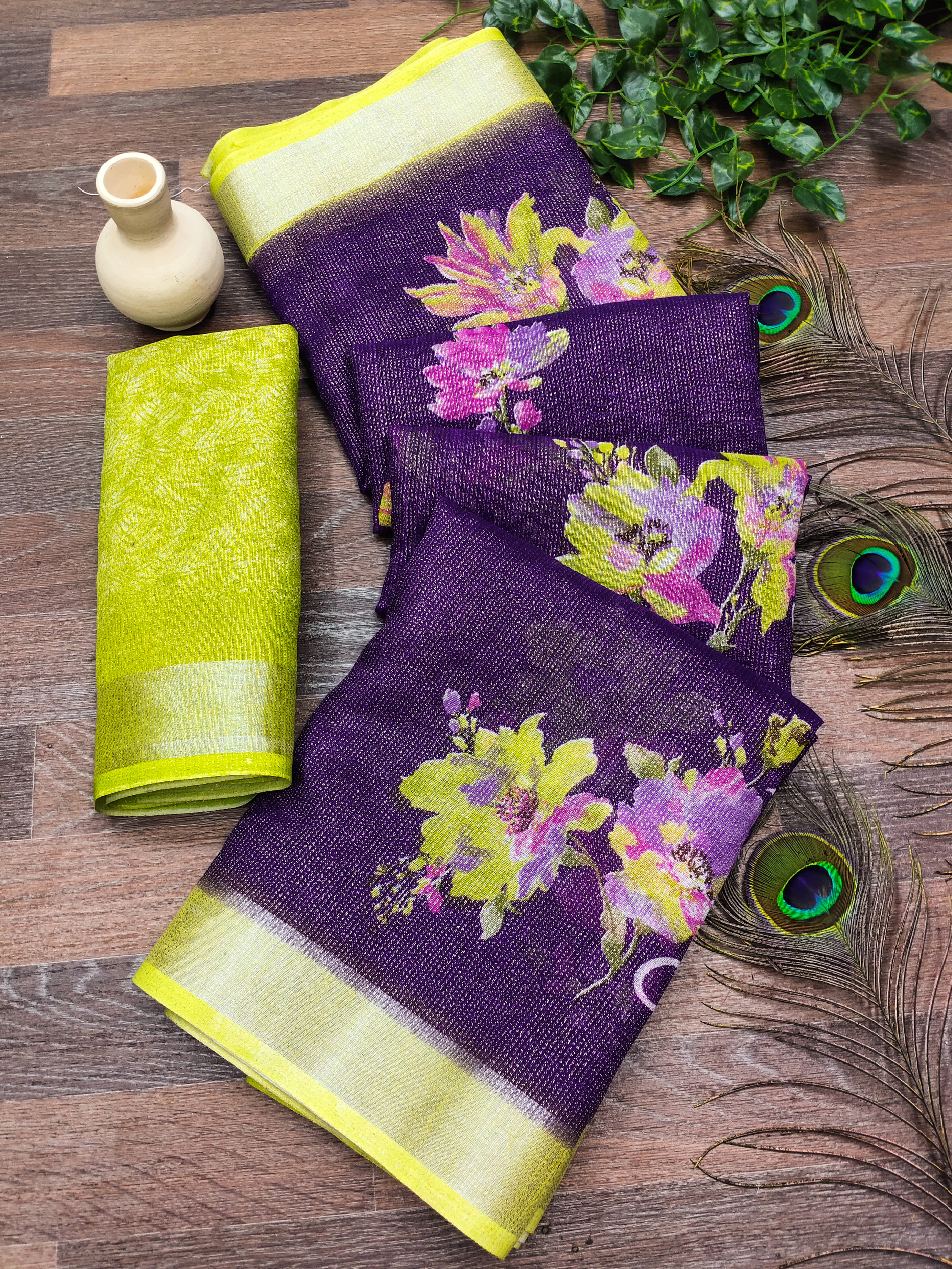     			Kashvi Sarees Linen Printed Ilkal Saree With Unstitched Blouse Piece ( PURPLE )