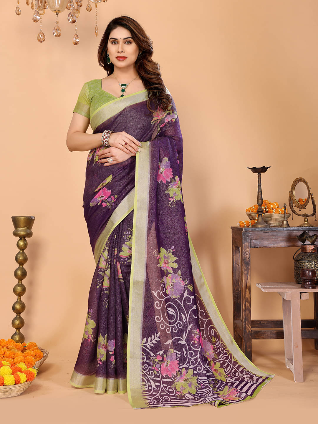     			Kashvi Sarees Linen Printed Ilkal Saree With Unstitched Blouse Piece ( PURPLE )