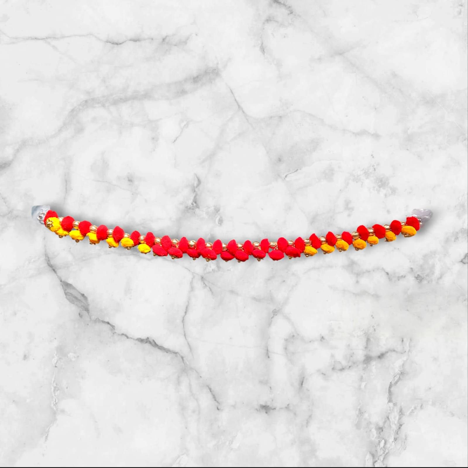     			Koogly Handcrafted Pom Pom Beaded Necklace, Red and Yellow Pom Pom Toran Traditional Style,Silver Accents