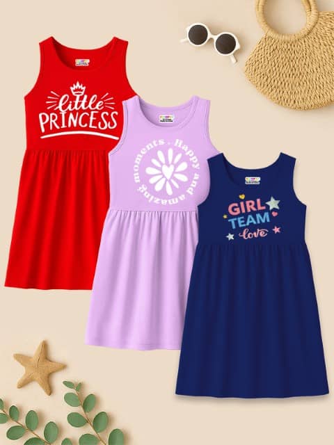 Kuchipoo Cotton Blend Dress For Girls ( Pack of 3 , Multicolor 5 )