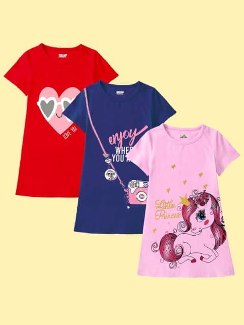 Kuchipoo Cotton Blend Dress For Girls ( Pack of 3 , Multicolor 3 )