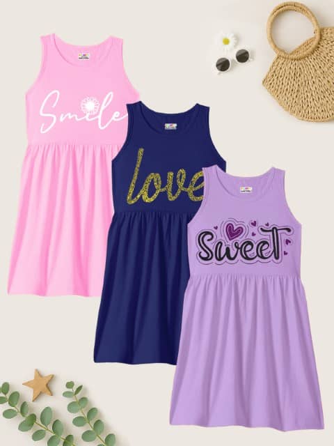 Kuchipoo Cotton Blend Dress For Girls ( Pack of 3 , Multicolor )