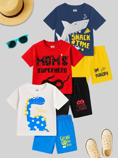 Kuchipoo Pack of 3 Boys Cotton Blend T-Shirt & Shorts Set ( Multicolor )     			Kuchipoo Pack of 3 Boys Cotton Blend T-Shirt & Shorts Set ( Multicolor )