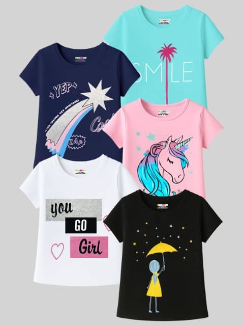 Kuchipoo Pack of 5 Girls Cotton Blend T-Shirt ( Multicolor3 )