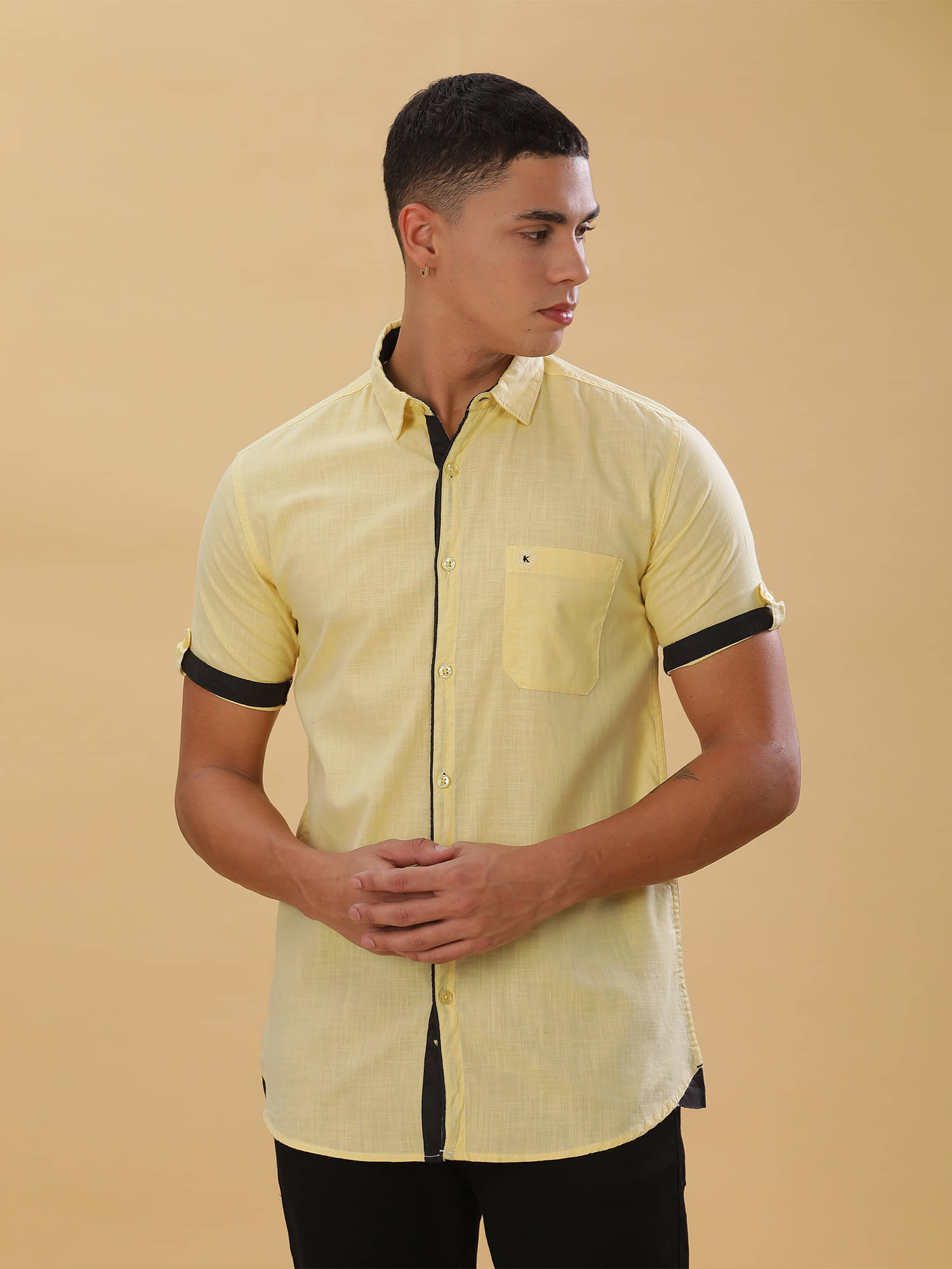     			Kuons Avenue Linen Regular Fit Solids Half Sleeves Men's Casual Shirt - Yellow ( Pack of 1 )