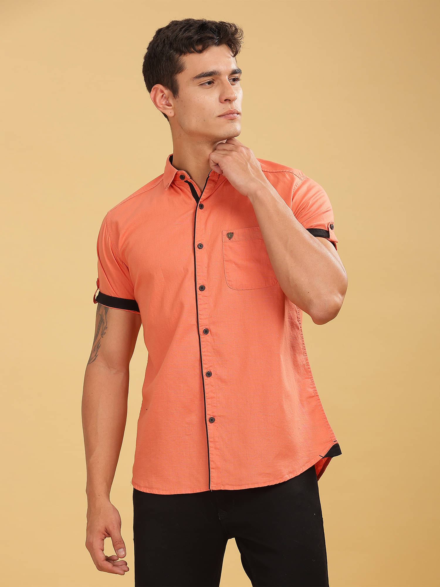     			Kuons Avenue Linen Regular Fit Solids Half Sleeves Men's Casual Shirt - Orange ( Pack of 1 )