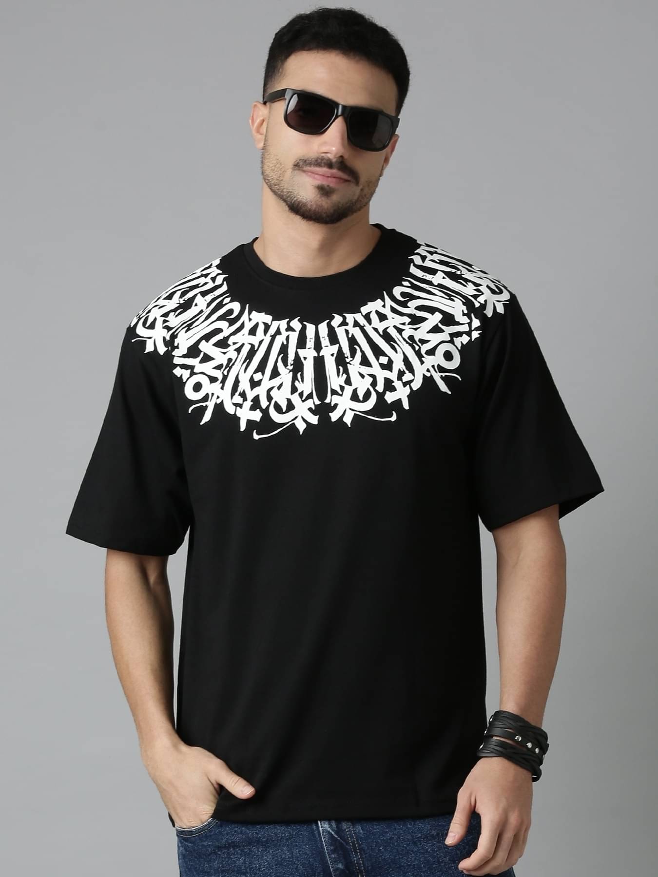 LEWEL Men Cotton Blend Oversized Fit Printed T-Shirt ( Black ) LEWEL Men Cotton Blend Oversized Fit Printed T-Shirt ( Black )