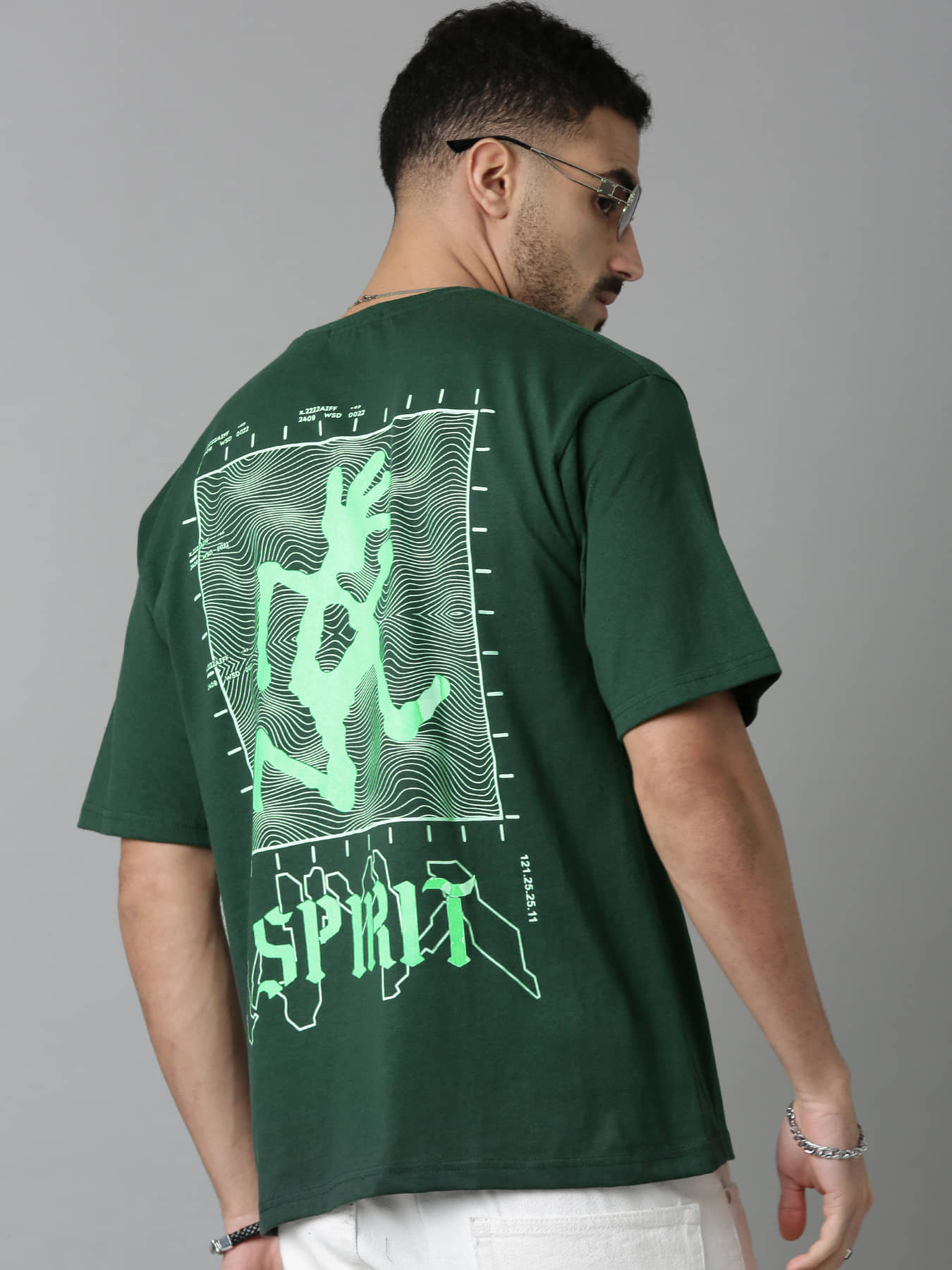 LEWEL Men Cotton Blend Oversized Fit Printed T-Shirt ( Green )