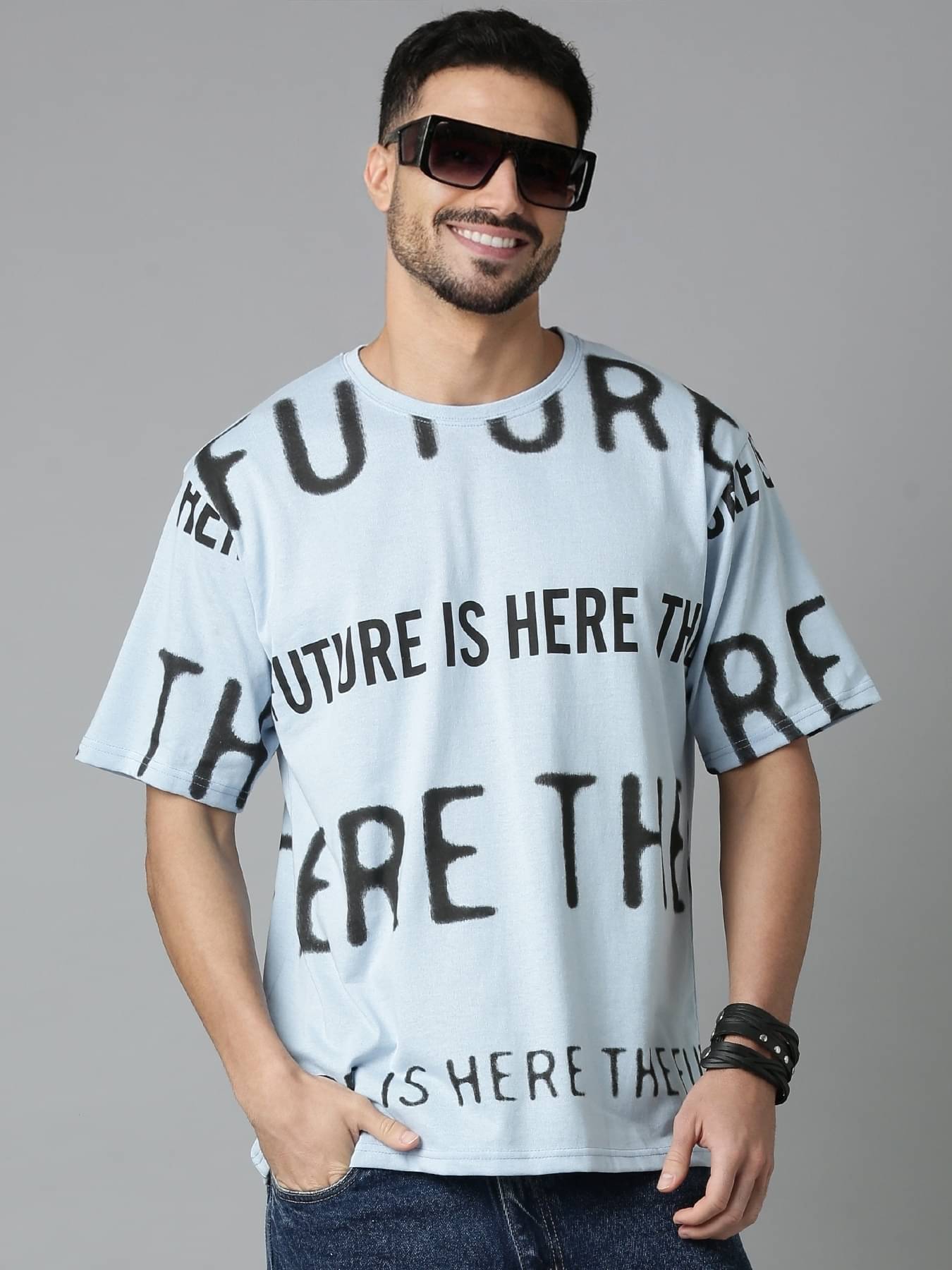     			LEWEL Men Cotton Blend Oversized Fit Printed T-Shirt ( Light Blue )