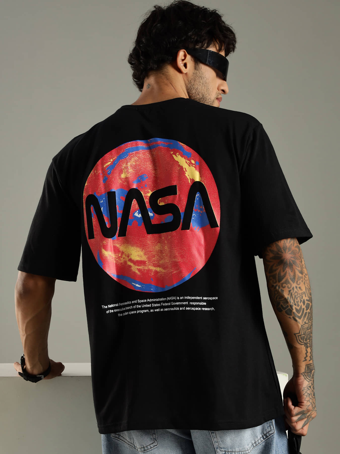 LEWEL Men Cotton Blend Oversized Fit Printed T-Shirt ( Black )