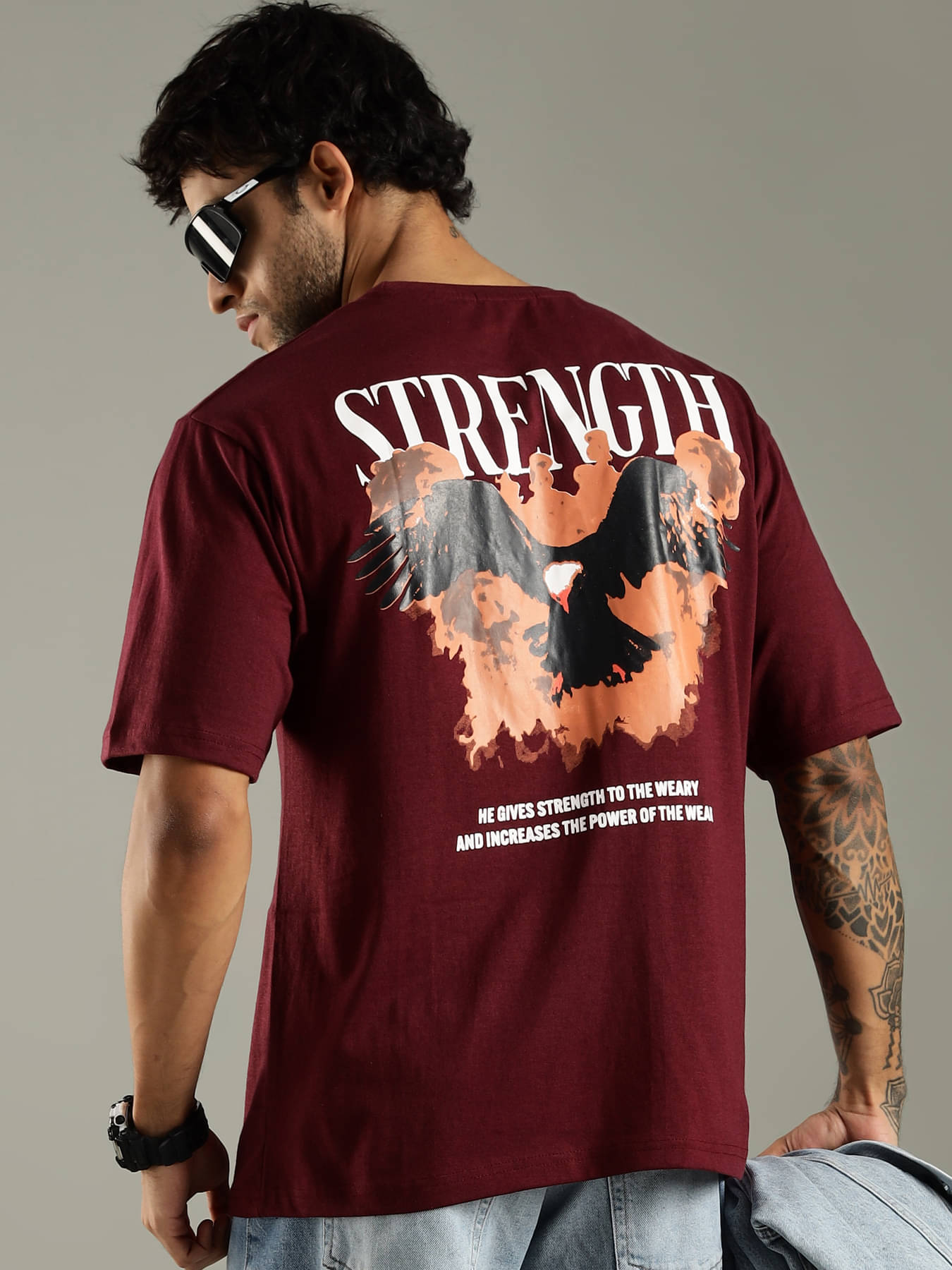 LEWEL Men Cotton Blend Oversized Fit Printed T-Shirt ( Maroon ) LEWEL Men Cotton Blend Oversized Fit Printed T-Shirt ( Maroon )