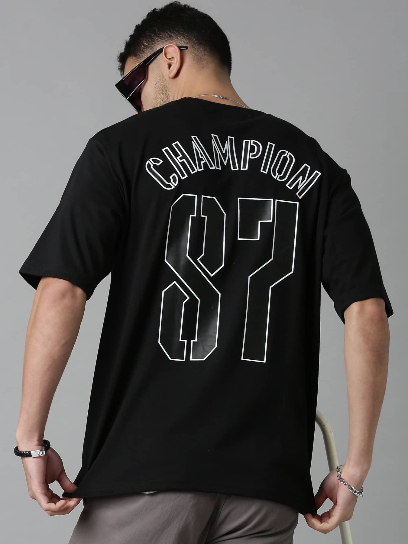 LEWEL Men Cotton Blend Oversized Fit Printed T-Shirt ( Black )
