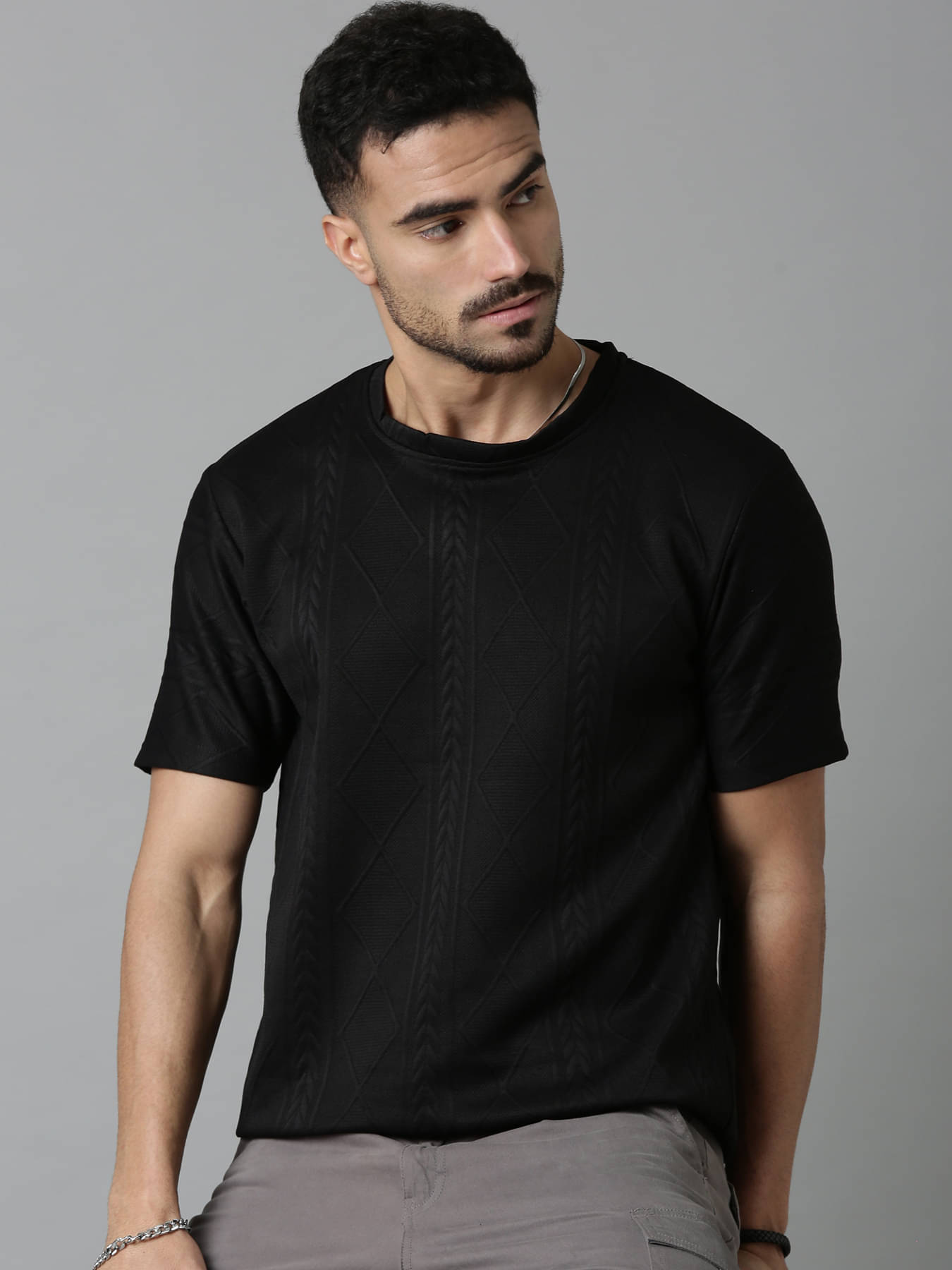 LEWEL Men Polyester Regular Fit Self Design T-Shirt ( Black ) LEWEL Men Polyester Regular Fit Self Design T-Shirt ( Black )