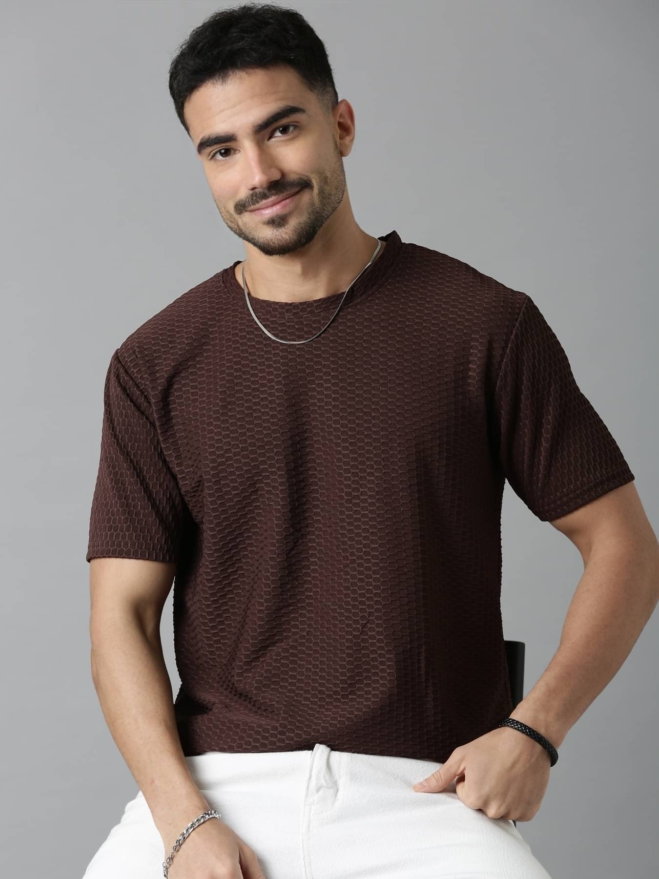 LEWEL Men Polyester Regular Fit Self Design T-Shirt ( Brown ) LEWEL Men Polyester Regular Fit Self Design T-Shirt ( Brown )