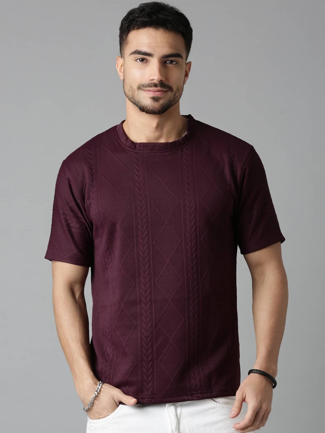     			LEWEL Men Polyester Regular Fit Self Design T-Shirt ( Maroon )