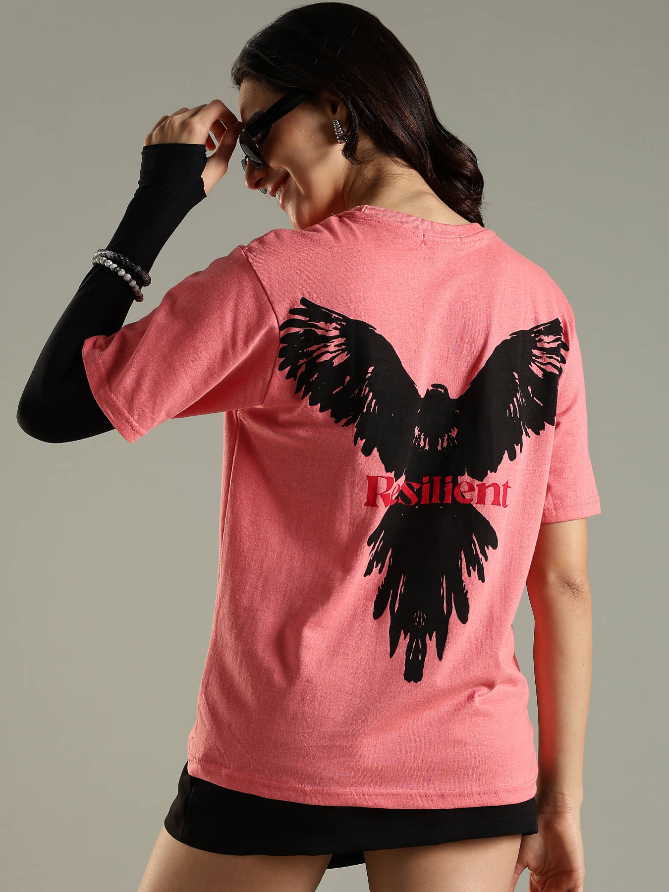 LEWEL Women Cotton Blend Printed Oversized Fit Round Neck T-Shirt ( Coral ) LEWEL Women Cotton Blend Printed Oversized Fit Round Neck T-Shirt ( Coral )