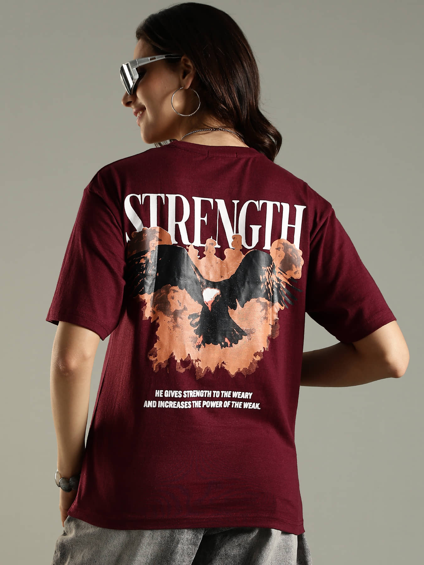 LEWEL Women Cotton Blend Printed Oversized Fit Round Neck T-Shirt ( Maroon )