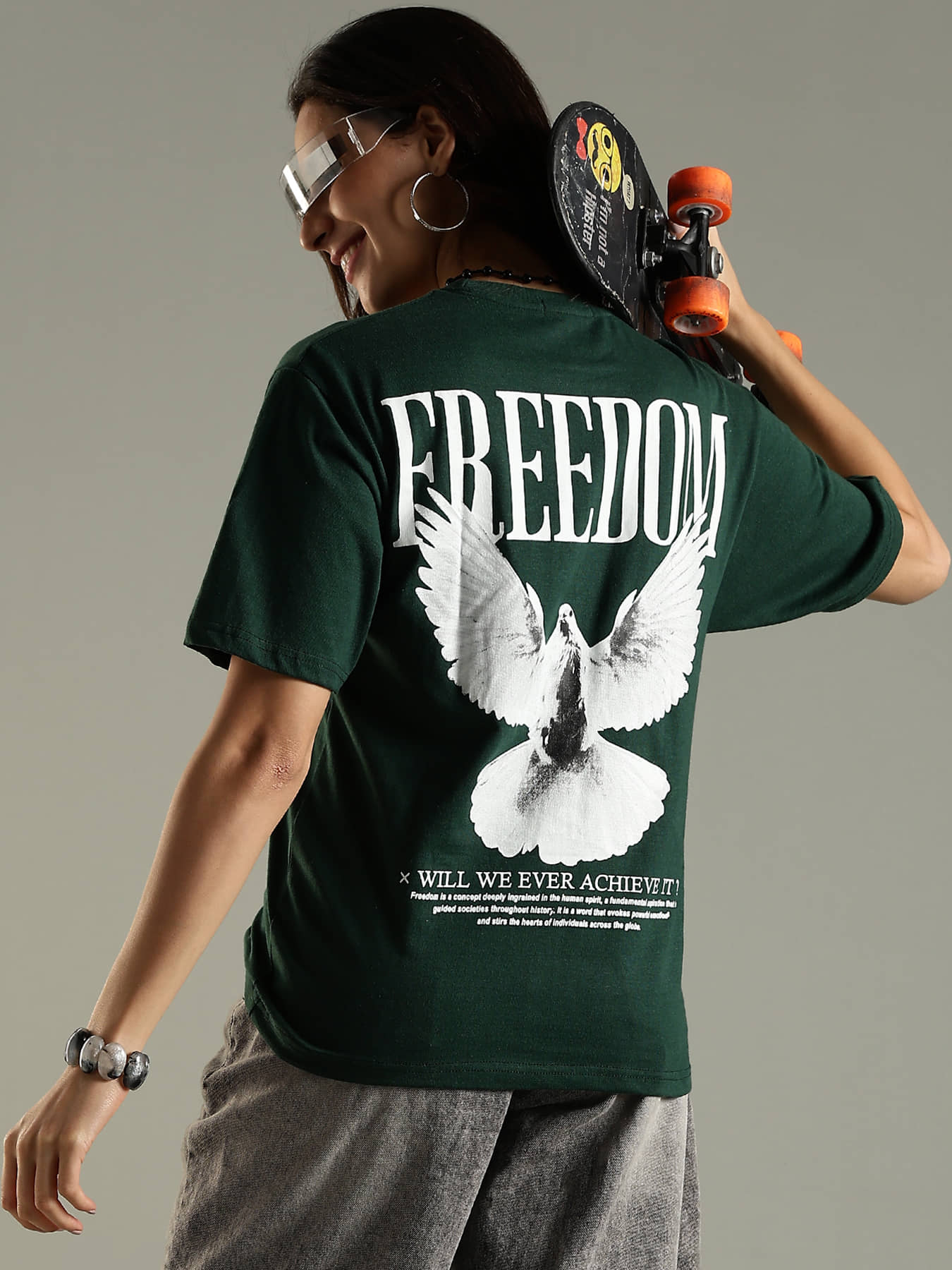LEWEL Women Cotton Blend Printed Oversized Fit Round Neck T-Shirt ( Bottle Green )