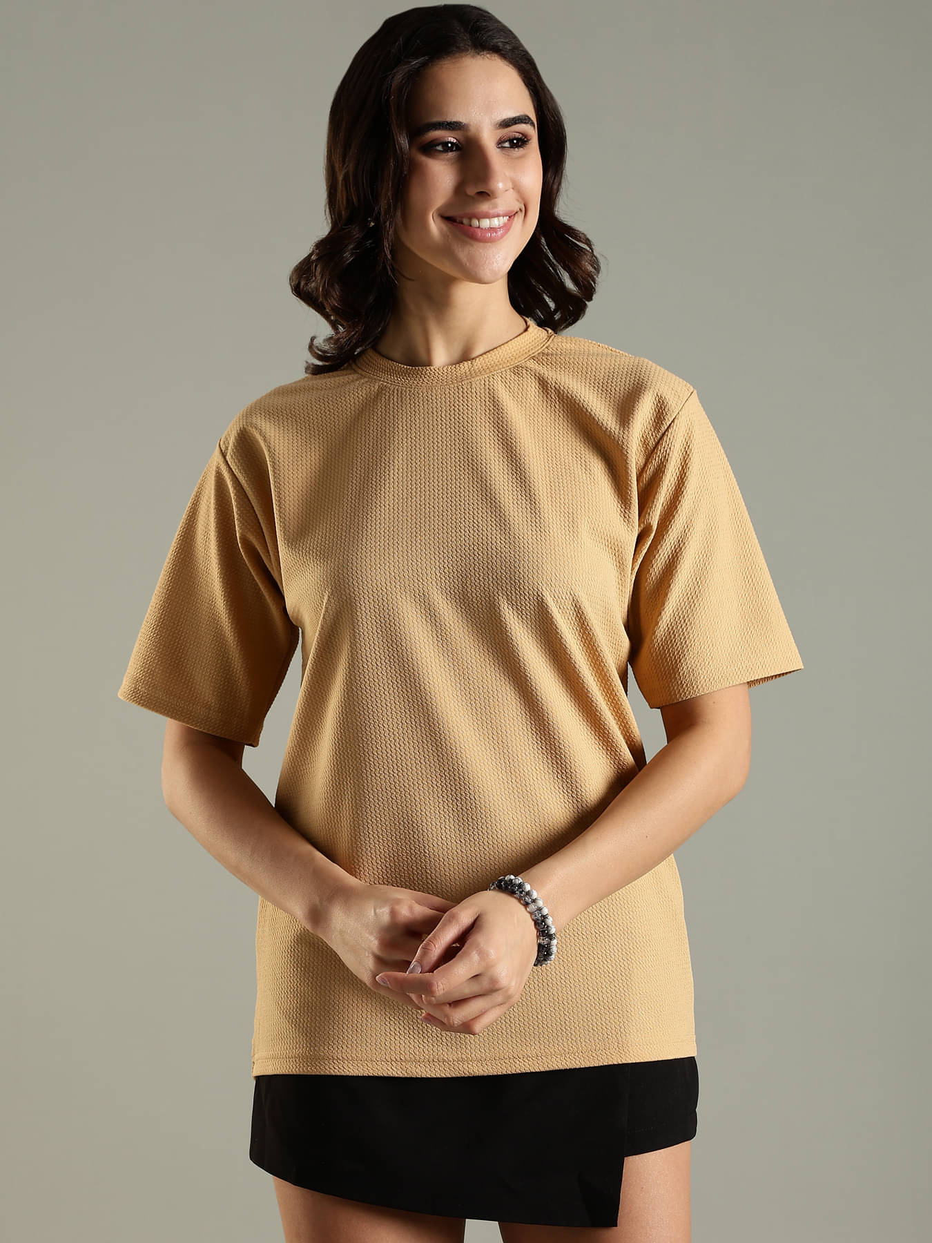 LEWEL Women Polyester Popcorn Textured Oversized Fit Round Neck T-Shirt ( Beige ) LEWEL Women Polyester Popcorn Textured Oversized Fit Round Neck T-Shirt ( Beige )