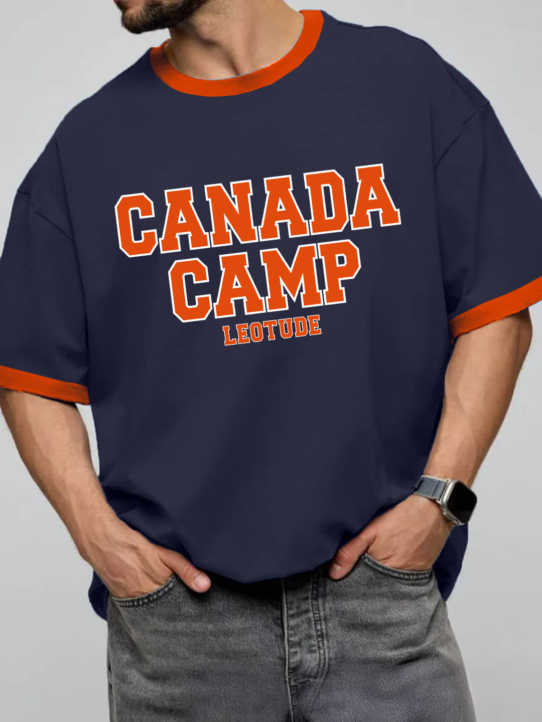 Leotude Men Cotton Blend Oversized Fit Printed T-Shirt ( Navy )