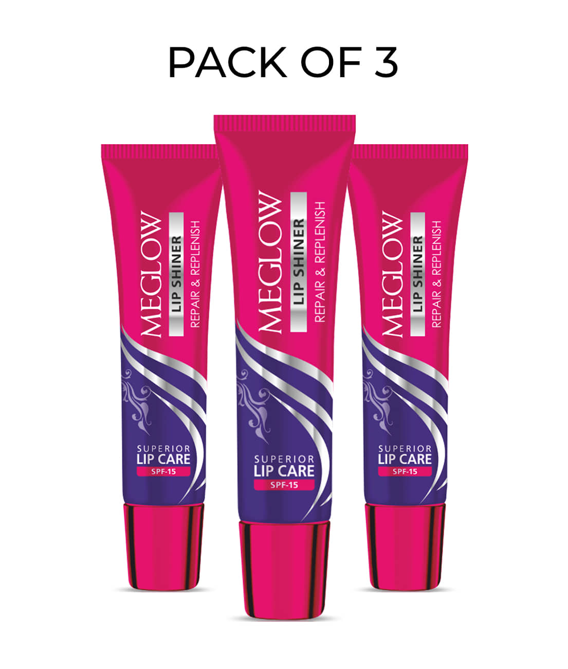 Meglow Lip Shiner with Nourishment of Vitamin E, Almond Oil and Jojoba Oil 15g ( Pack of 3 )