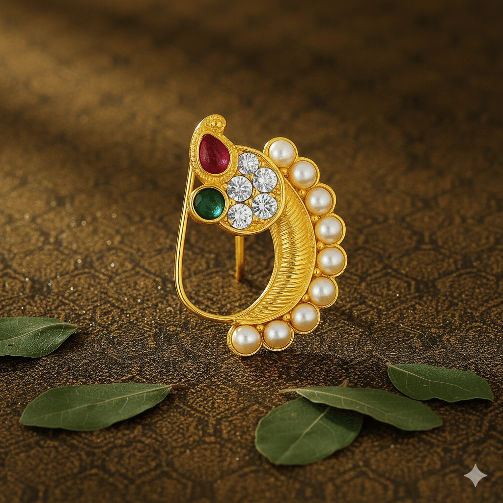 Navadurga Traditional Gold Plated Pearl, Red & Green Stone Nathni for Women – Bridal Nose Ring Design by Vanita     			Navadurga Traditional Gold Plated Pearl, Red & Green Stone Nathni for Women – Bridal Nose Ring Design by Vanita