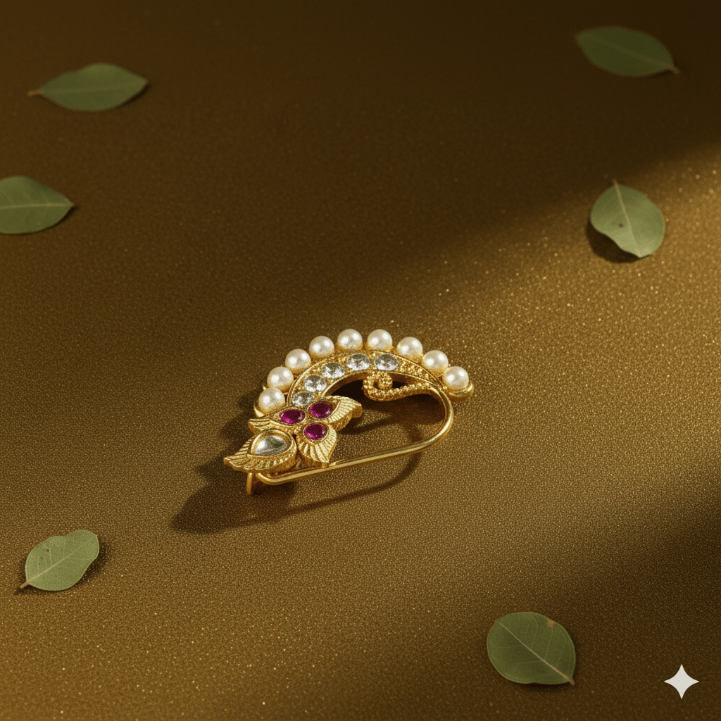     			Navadurga Traditional Gold Plated Pearl & Stone Nathni for Women Design By Vanita