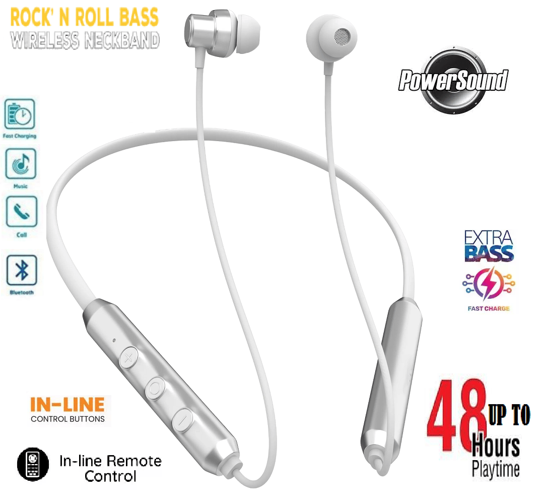 Neckband Bluetooth Headset with 48 Hours Playback & Deep Bass – In- Earphones (Silver) Neckband Bluetooth Headset with 48 Hours Playback & Deep Bass – In- Earphones (Silver)