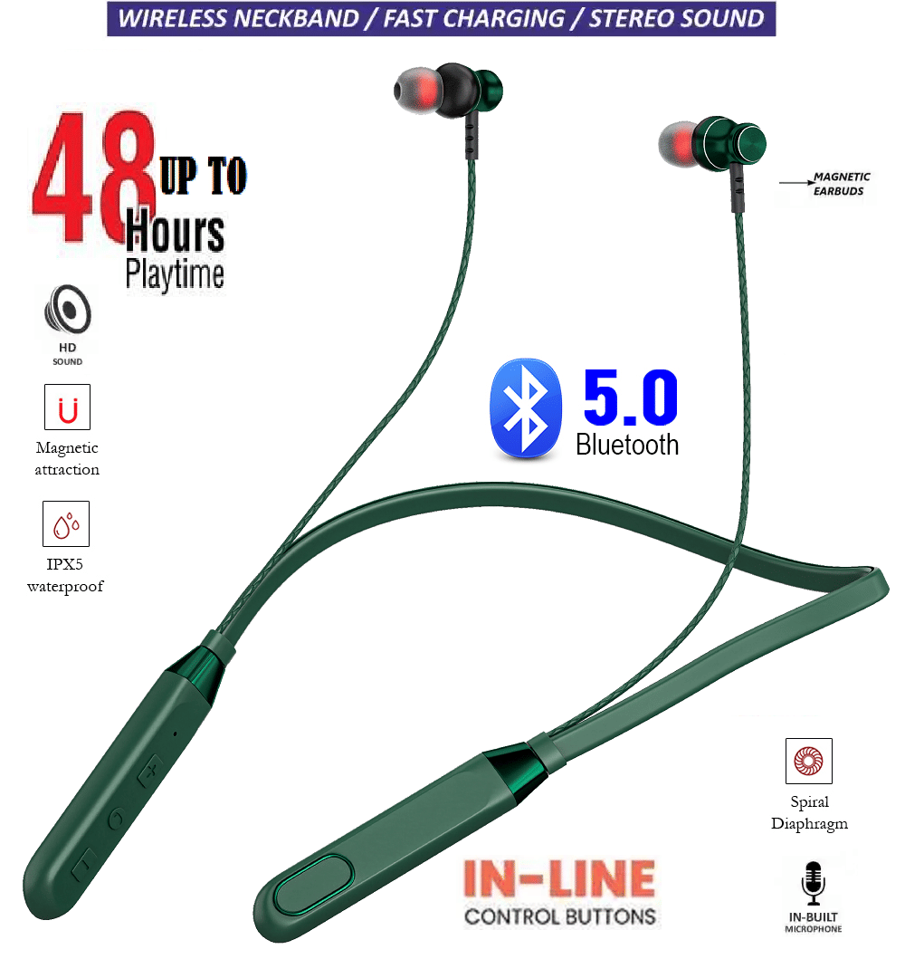 Neckband with Ultra Long 48 Hours Battery & Powerful Bass – Wireless Bluetooth Earphones (Green) Neckband with Ultra Long 48 Hours Battery & Powerful Bass – Wireless Bluetooth Earphones (Green)